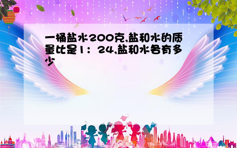 一桶盐水200克,盐和水的质量比是1：24,盐和水各有多少