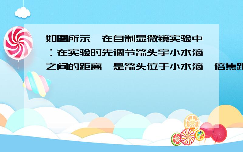 如图所示,在自制显微镜实验中：在实验时先调节箭头宇小水滴之间的距离,是箭头位于小水滴一倍焦距至两倍焦距之间,这样才能成（）的（）像然后在调节凸透镜与水滴之间的距离是实像成