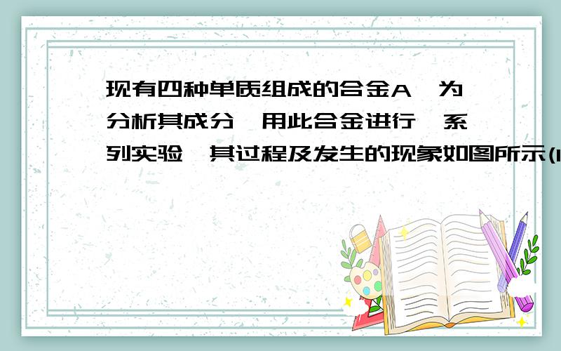 现有四种单质组成的合金A,为分析其成分,用此合金进行一系列实验,其过程及发生的现象如图所示(1)A中含单质为：          、          、         、         (写化学式),G的电子式为：          (2)写出A