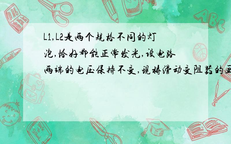 L1,L2是两个规格不同的灯泡,恰好都能正常发光,设电路两端的电压保持不变,现将滑动变阻器的画片向右滑动L1变亮，L2变暗                           为什么