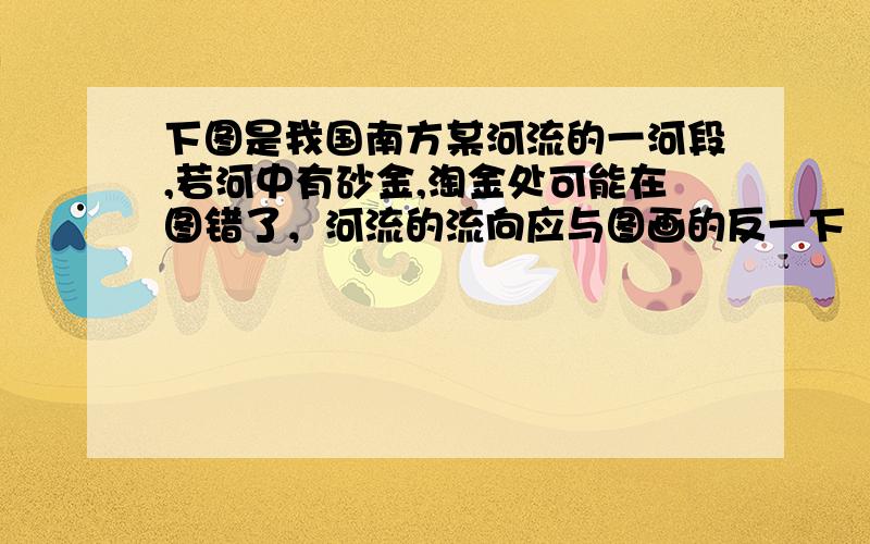 下图是我国南方某河流的一河段,若河中有砂金,淘金处可能在图错了，河流的流向应与图画的反一下