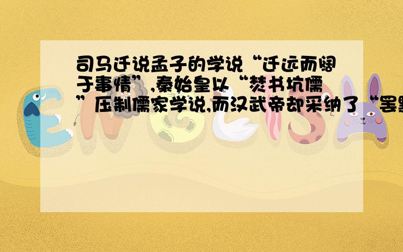 司马迁说孟子的学说“迁远而阔于事情”,秦始皇以“焚书坑儒”压制儒家学说,而汉武帝却采纳了“罢黜百家,独尊儒术”的建议.分析说明儒家学说在战国、秦、汉时期的不同地位及其原因,