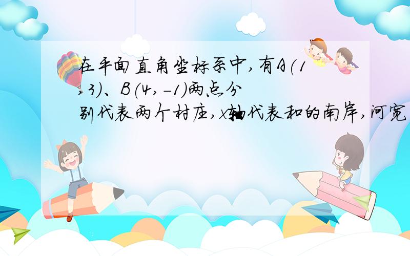 在平面直角坐标系中,有A(1,3)、B(4,-1)两点分别代表两个村庄,x轴代表和的南岸,河宽为一个单位长度,现在要在河上造一座桥MN,使从A到B的路径AMNB最短,假定河的两岸是平行的直线,桥要与河垂直.