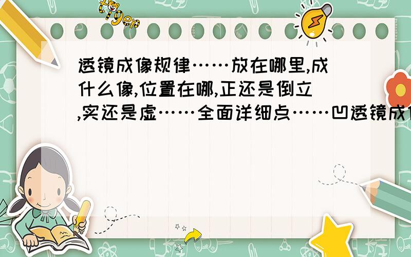 透镜成像规律……放在哪里,成什么像,位置在哪,正还是倒立,实还是虚……全面详细点……凹透镜成像呢?