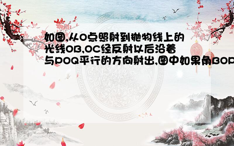 如图,从O点照射到抛物线上的光线OB,OC经反射以后沿着与POQ平行的方向射出,图中如果角BOP=45°,角QOC=88°,那么角ABO和角DCO各是多少度?能用因为所以就用因为所以,第一个采纳.