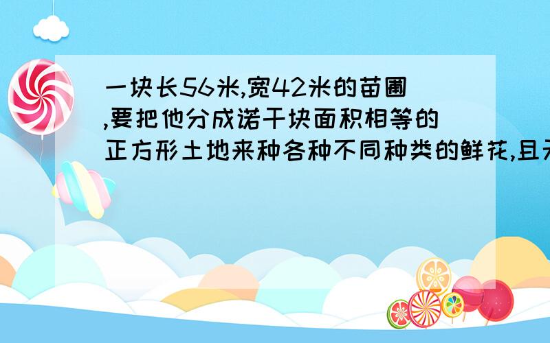 一块长56米,宽42米的苗圃,要把他分成诺干块面积相等的正方形土地来种各种不同种类的鲜花,且无闲置土地,分求，分成的正方形土地至少有多少块，麻烦提供详细的步骤