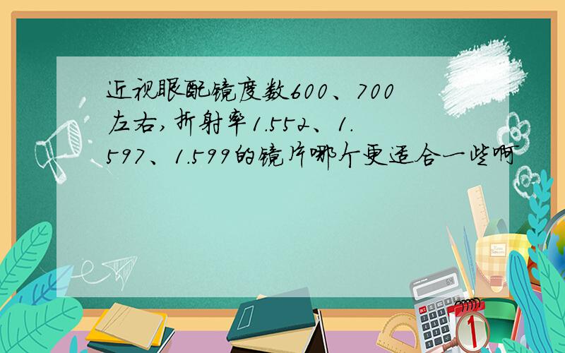 近视眼配镜度数600、700左右,折射率1.552、1.597、1.599的镜片哪个更适合一些啊