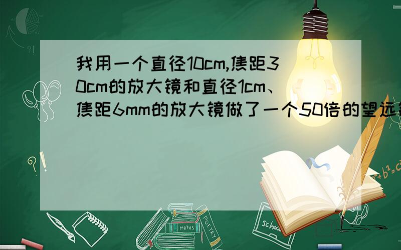 我用一个直径10cm,焦距30cm的放大镜和直径1cm、焦距6mm的放大镜做了一个50倍的望远镜,但色差极大,