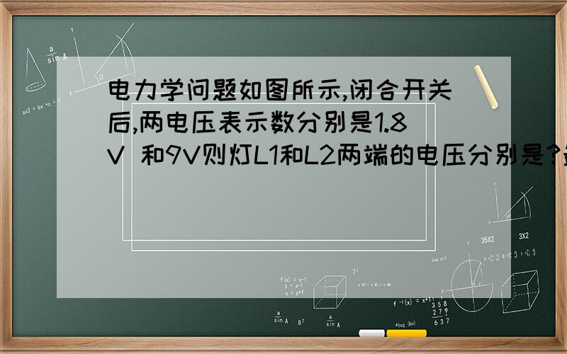 电力学问题如图所示,闭合开关后,两电压表示数分别是1.8V 和9V则灯L1和L2两端的电压分别是?最好有详细解答