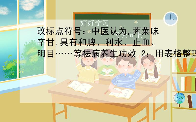 改标点符号：中医认为,荠菜味辛甘,具有和脾、利水、止血、明目……等祛病养生功效.2：用表格整理材料的优点是—容量大,直观性强,眉目清楚,便于对材料作进一步的分析.3：今天去呢?还是