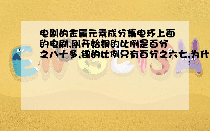 电刷的金属元素成分集电环上面的电刷,刚开始铜的比例是百分之八十多,镍的比例只有百分之六七,为什么现在铜的比例只有百分之七十多,镍的比例有百分之十七.镍比铜贵,所以还麻烦理科的