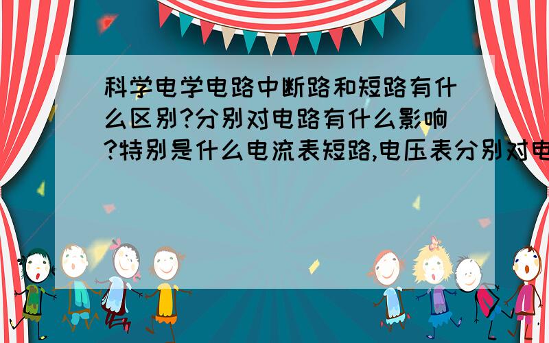 科学电学电路中断路和短路有什么区别?分别对电路有什么影响?特别是什么电流表短路,电压表分别对电路有什么影响?我一直不懂.急还有就是比如说 什么两个灯泡一只亮,一只不亮是什么出了