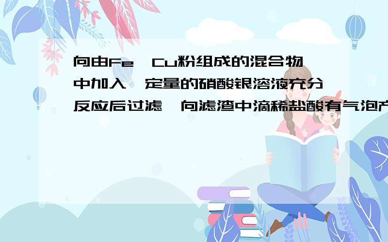 向由Fe,Cu粉组成的混合物中加入一定量的硝酸银溶液充分反应后过滤,向滤渣中滴稀盐酸有气泡产生,则滤出的固体中一定含有的金属是什么