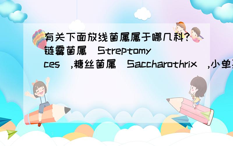 有关下面放线菌属属于哪几科?链霉菌属（Streptomyces）,糖丝菌属(Saccharothrix),小单孢菌属(Micromonospora) ,姜氏菌属(Jiangella) ,拟诺卡氏菌属(Nocardiops) ,链单孢菌属(Streptomonospora) ,产丝菌属（Myceligener