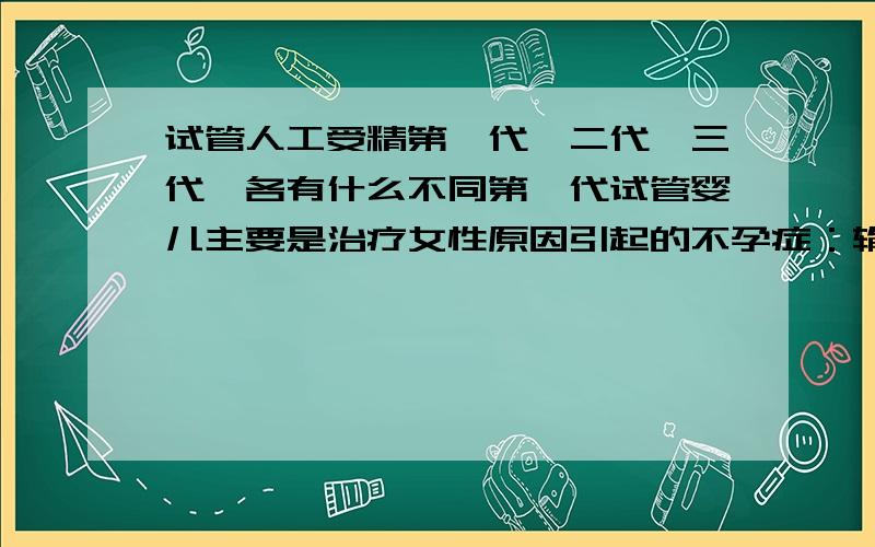 试管人工受精第一代、二代、三代、各有什么不同第一代试管婴儿主要是治疗女性原因引起的不孕症：输卵管问题、内分泌问题、宫腔问题等等；第二代试管婴儿主要是针对男性原因引起的