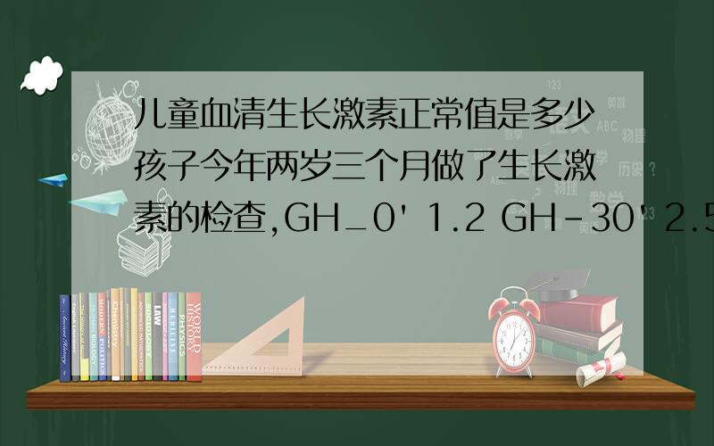 儿童血清生长激素正常值是多少孩子今年两岁三个月做了生长激素的检查,GH_0' 1.2 GH-30' 2.5 GH-60' 3.8 化验单上正常值写着参考值小于10,但医生说第三项应该大于10,说报告不太准确,我就想问一下