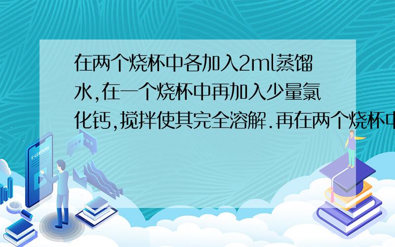 在两个烧杯中各加入2ml蒸馏水,在一个烧杯中再加入少量氯化钙,搅拌使其完全溶解.再在两个烧杯中各加入一些肥皂水,搅拌,观察比较两个烧杯中发生的现象现象是什么呢?