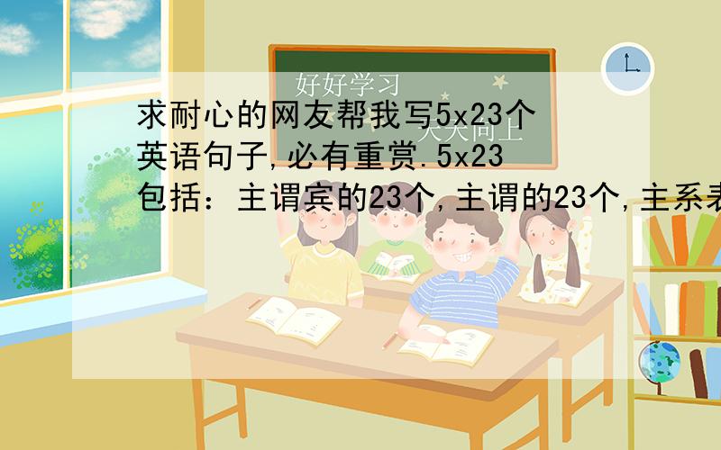 求耐心的网友帮我写5x23个英语句子,必有重赏.5x23包括：主谓宾的23个,主谓的23个,主系表的23个,主谓间接直接宾的23个,主谓补的23个,句子不需太深奥,凑够数就行.如果全齐即115个的话,给100+300