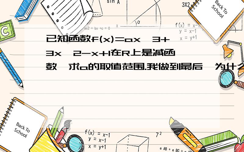 已知函数f(x)=ax^3+3x^2-x+1在R上是减函数,求a的取值范围.我做到最后,为什么判别式要≤0