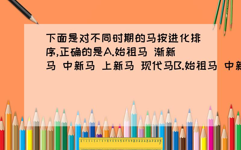 下面是对不同时期的马按进化排序,正确的是A.始祖马 渐新马 中新马 上新马 现代马B.始祖马 中新马 上新马 渐新马 现代马C.渐新马 中新马 上新马 始祖马 现代马D.上新马 中新马 渐新马 始祖