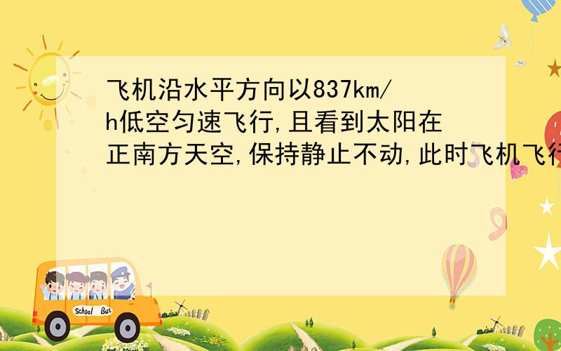 飞机沿水平方向以837km/h低空匀速飞行,且看到太阳在正南方天空,保持静止不动,此时飞机飞行的方向