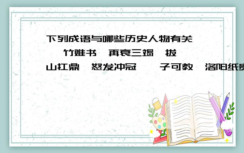 下列成语与哪些历史人物有关  罄竹难书  再衰三竭  拔山扛鼎  怒发冲冠  孺子可教  洛阳纸贵  韦编三绝