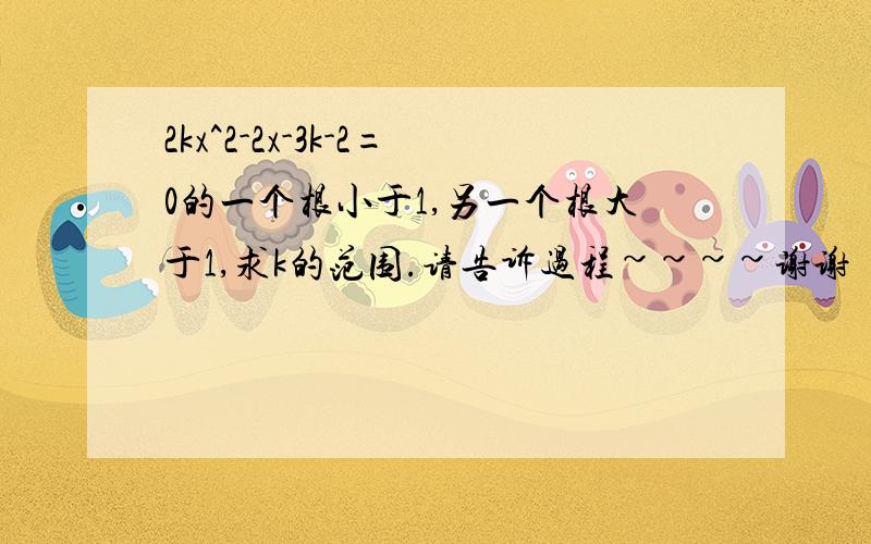 2kx^2-2x-3k-2=0的一个根小于1,另一个根大于1,求k的范围.请告诉过程~~~~谢谢