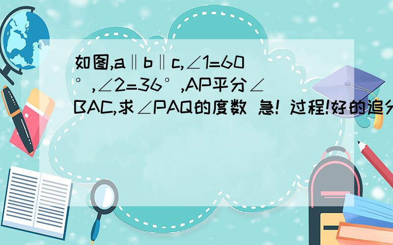 如图,a‖b‖c,∠1=60°,∠2=36°,AP平分∠BAC,求∠PAQ的度数 急! 过程!好的追分!