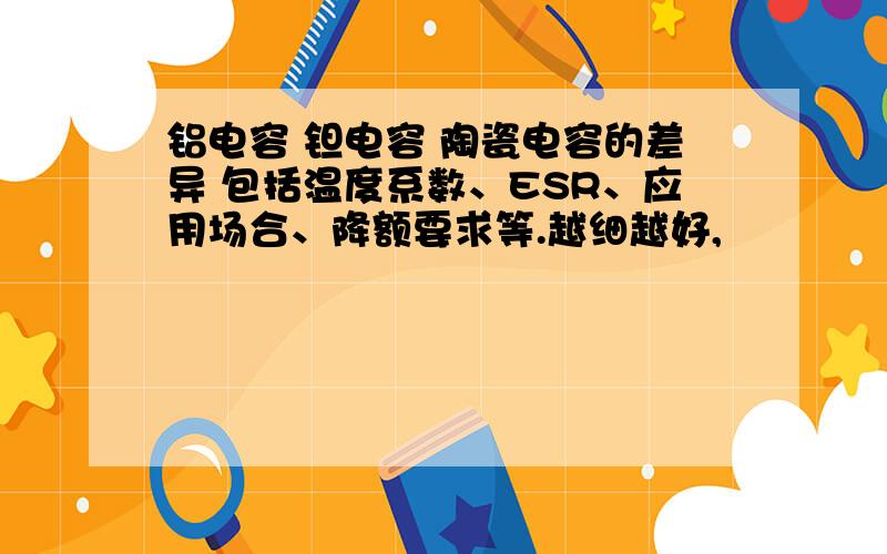 铝电容 钽电容 陶瓷电容的差异 包括温度系数、ESR、应用场合、降额要求等.越细越好,