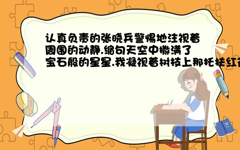 认真负责的张晓兵警惕地注视着周围的动静.缩句天空中撒满了宝石般的星星.我凝视着树枝上那托扶红花的绿叶.