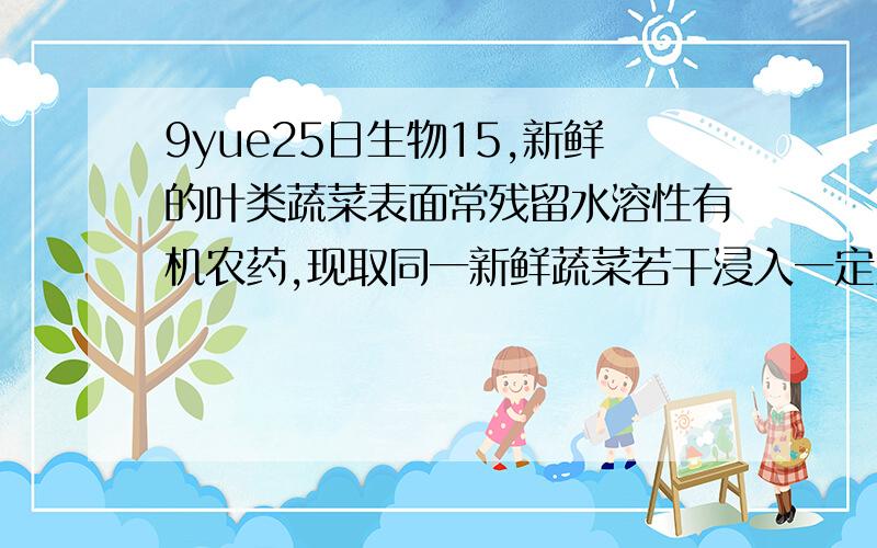 9yue25日生物15,新鲜的叶类蔬菜表面常残留水溶性有机农药,现取同一新鲜蔬菜若干浸入一定量的纯水中,每隔一段时间,取出一小片菜叶,测定其细胞液浓度,将结果绘制成如下图所示的曲线,有关