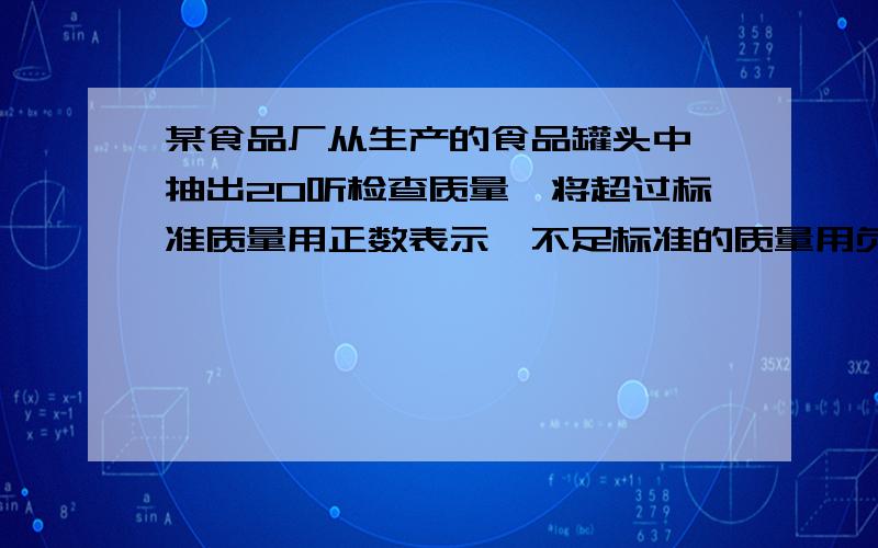 某食品厂从生产的食品罐头中,抽出20听检查质量,将超过标准质量用正数表示,不足标准的质量用负数表示结果记录如下表：与标准质量的偏差（单位：克）-10 -5 0 +5 +10 +15听数 1 3 6 6 3 1问这批