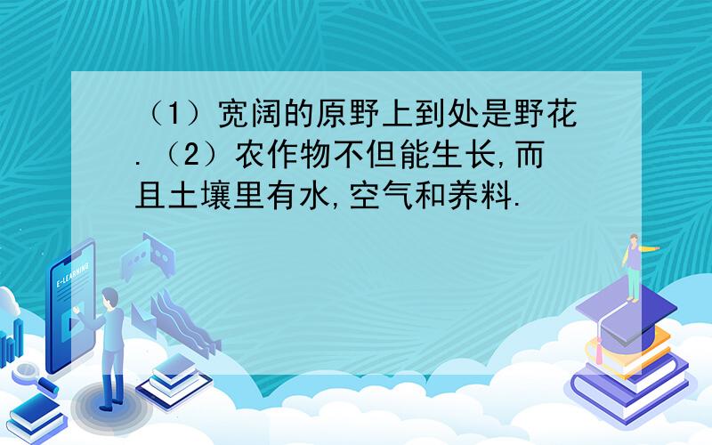 （1）宽阔的原野上到处是野花.（2）农作物不但能生长,而且土壤里有水,空气和养料.