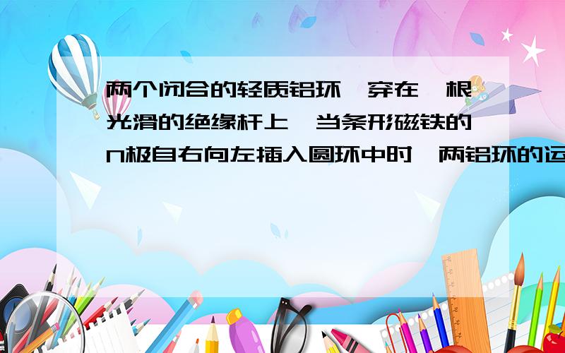 两个闭合的轻质铝环,穿在一根光滑的绝缘杆上,当条形磁铁的N极自右向左插入圆环中时,两铝环的运动是：( ) A、同时向右运动,两环间距逐渐增大 B．同时向右运动,两环间距逐渐缩小 C．同时