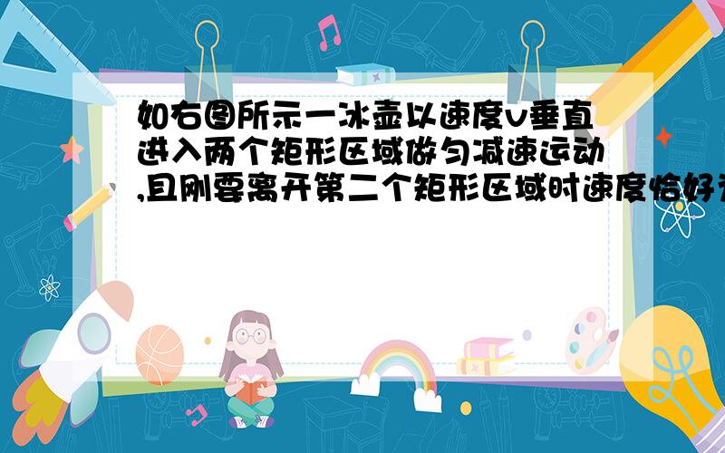 如右图所示一冰壶以速度v垂直进入两个矩形区域做匀减速运动,且刚要离开第二个矩形区域时速度恰好为零,则冰壶依次进入每个矩形区域时的速度之比和穿过每个矩形区域所用的时间之比分