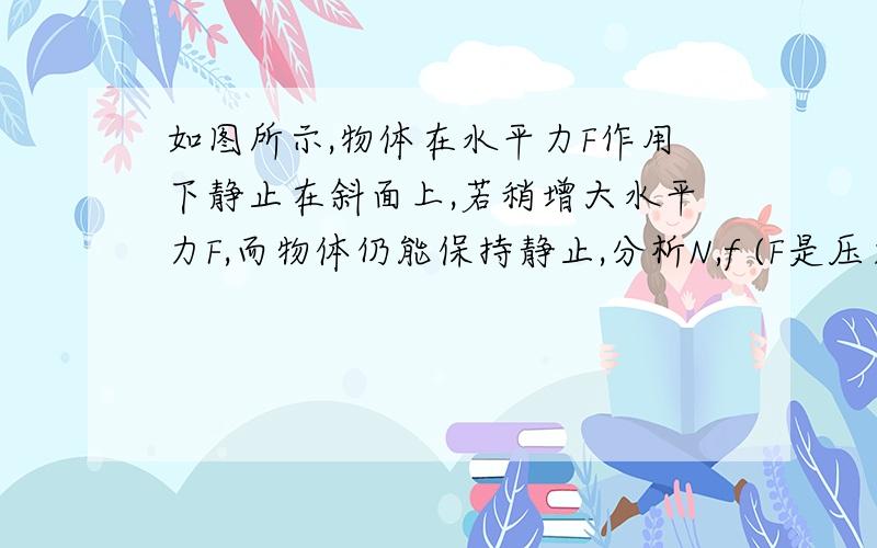 如图所示,物体在水平力F作用下静止在斜面上,若稍增大水平力F,而物体仍能保持静止,分析N,f (F是压力)