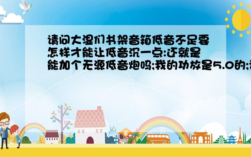 请问大湿们书架音箱低音不足要怎样才能让低音沉一点:还就是能加个无源低音炮吗;我的功放是5.0的;该怎么加我的音箱本来就没分频的哦:我也想加分频器:但不知道分频器该怎样买