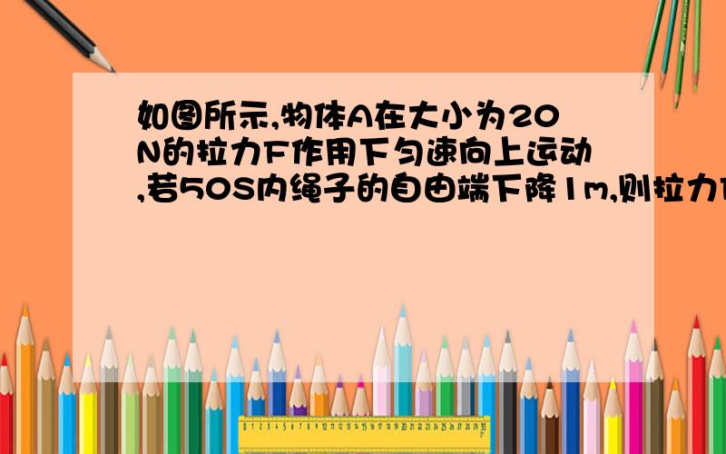 如图所示,物体A在大小为20N的拉力F作用下匀速向上运动,若50S内绳子的自由端下降1m,则拉力F做功为_____若不计摩擦,则物体A的重量为——N