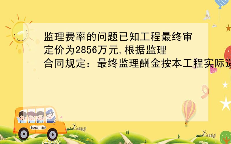 监理费率的问题已知工程最终审定价为2856万元,根据监理合同规定：最终监理酬金按本工程实际造价乘以费率计取,该费率按结算价对应的《深价[2000]183号)》中规定的中准价下浮20%取费.那根