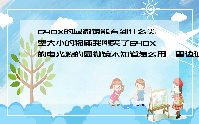 640X的显微镜能看到什么类型大小的物体我刚买了640X的电光源的显微镜不知道怎么用,里边还有灰,售货员说能看到水里面的微生物,可是我怎么看不到