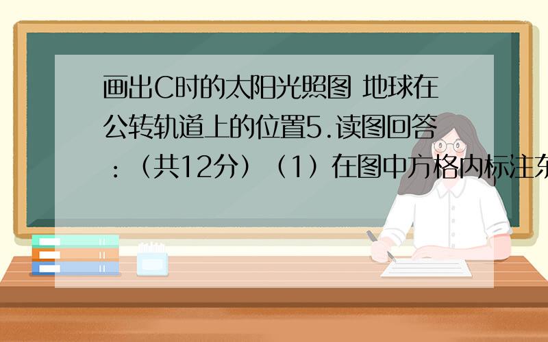 画出C时的太阳光照图 地球在公转轨道上的位置5.读图回答：（共12分）（1）在图中方格内标注东、西、南、北四个方位； （4）画出C时的太阳光照图；（5）画出C时地球在公转轨道上的位置