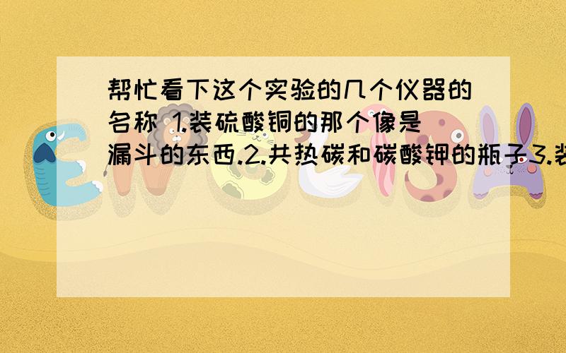 帮忙看下这个实验的几个仪器的名称 1.装硫酸铜的那个像是漏斗的东西.2.共热碳和碳酸钾的瓶子3.装次氯酸钠溶液的瓶子