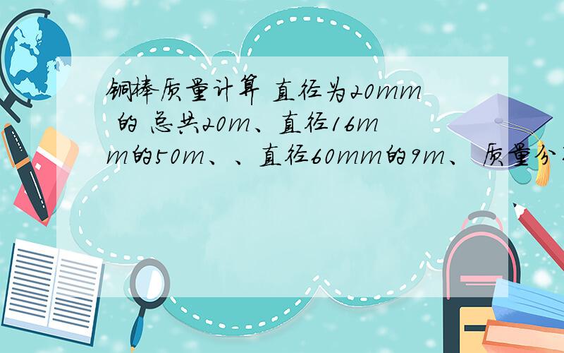 铜棒质量计算 直径为20mm 的 总共20m、直径16mm的50m、、直径60mm的9m、 质量分别为多少啊,质量单位为KG