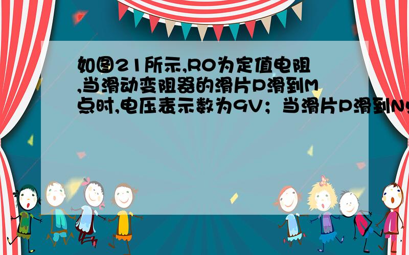 如图21所示,R0为定值电阻,当滑动变阻器的滑片P滑到M点时,电压表示数为9V；当滑片P滑到N点时,变阻器连入电路的阻值为滑片P滑到M点时变阻器连入电路的阻值的5倍,此时电压表示数为4.5V.已知R0