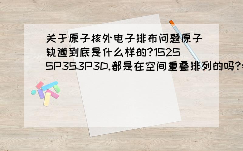 关于原子核外电子排布问题原子轨道到底是什么样的?1S2SSP3S3P3D.都是在空间重叠排列的吗?然后电子还在各自的轨道里运动,那外层的轨道不就包含着里面的吗?那1S和2S里的电子不就都在一起乐