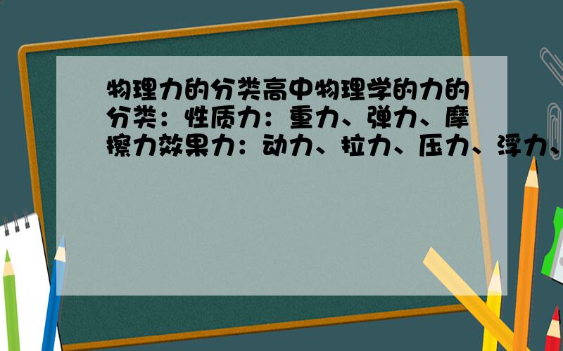 物理力的分类高中物理学的力的分类：性质力：重力、弹力、摩擦力效果力：动力、拉力、压力、浮力、阻力做题的时候,有个选项（性质不同的力,对物体作用的效果一定不同）这个是错的,