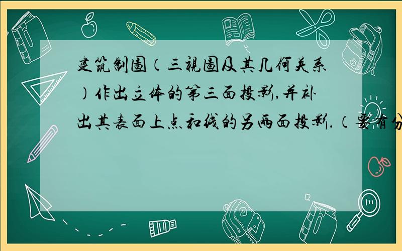 建筑制图（三视图及其几何关系）作出立体的第三面投影,并补出其表面上点和线的另两面投影.（要有分析过程）