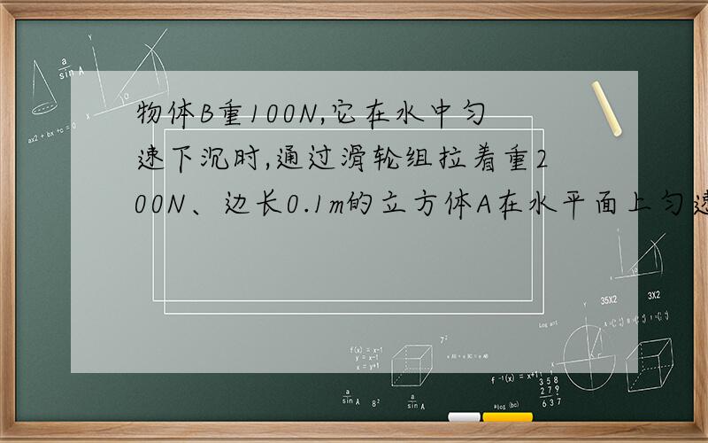 物体B重100N,它在水中匀速下沉时,通过滑轮组拉着重200N、边长0.1m的立方体A在水平面上匀速运动.用一个水平向左的里F1拉物体A,使物体B在水中匀速上升（B未露出水面）.当物体B完全露出水面后