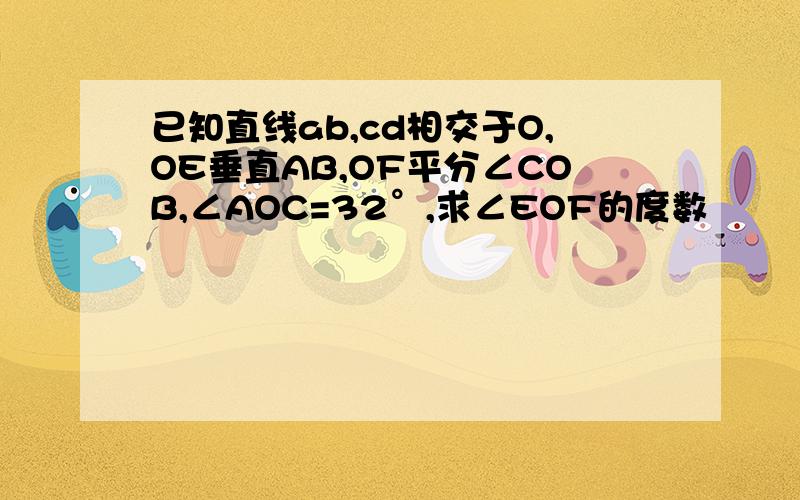 已知直线ab,cd相交于O,OE垂直AB,OF平分∠COB,∠AOC=32°,求∠EOF的度数