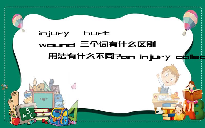 injury ,hurt ,wound 三个词有什么区别,用法有什么不同?an injury called by knife is usually named as ____,while the pair in one 's feeling is called ___.A.injury hurt B.wound hurt C.hurt wound D.hurt injury 这个题应该选B还是D啊